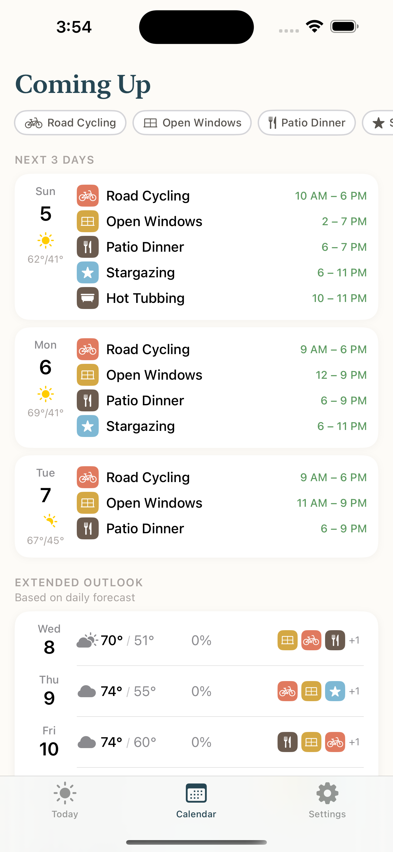 Wisp calendar view showing upcoming activity windows across the week