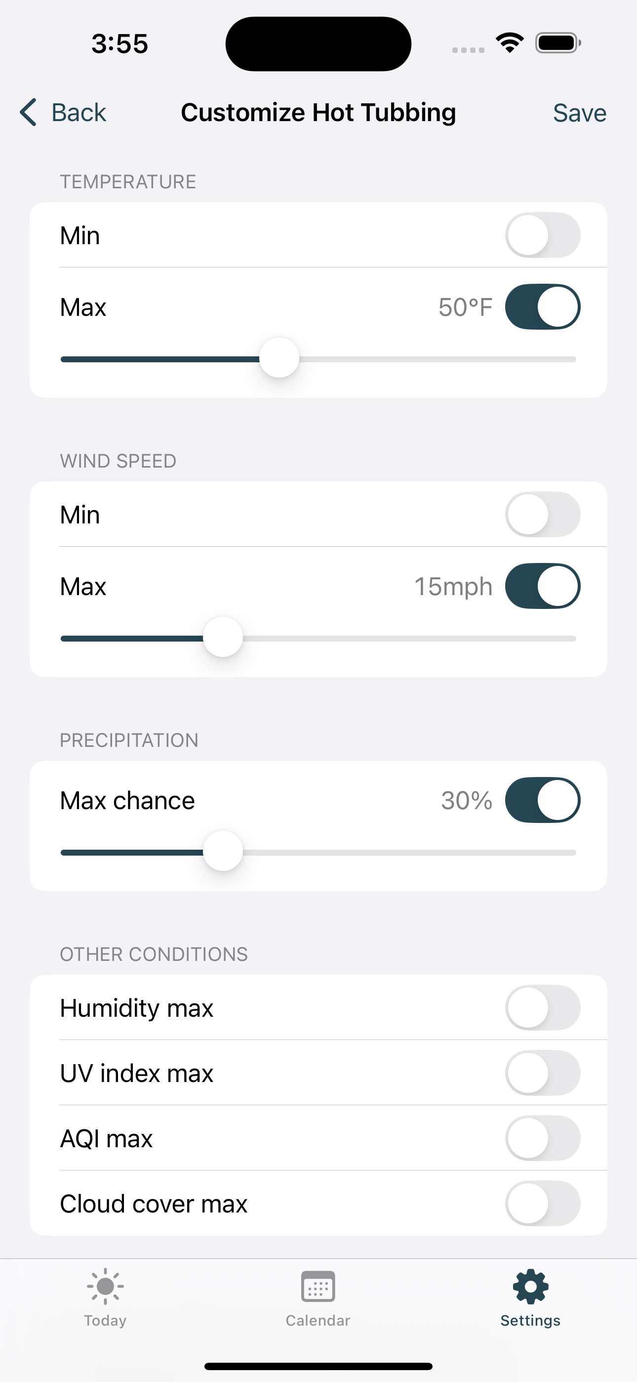 Wisp activity customization showing temperature, wind, and precipitation settings