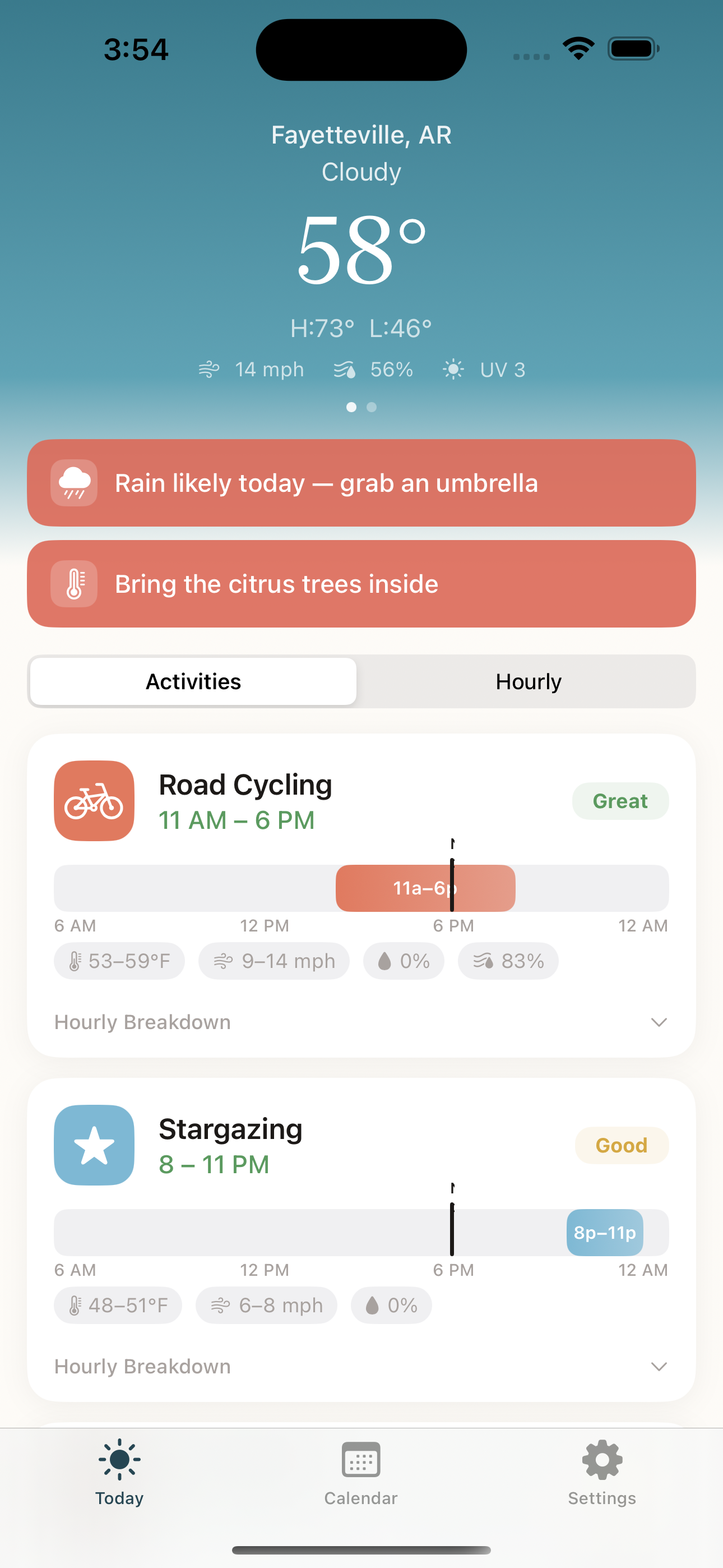 Wisp daily view showing activity matching for Road Cycling and Stargazing